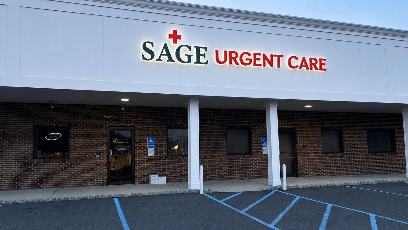 Sage Urgent Care at dusk with the illuminated sign