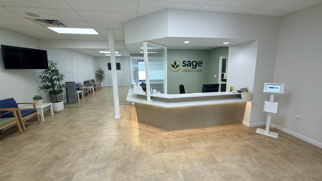 Bright, modern reception and waiting area at Sage Urgent Care